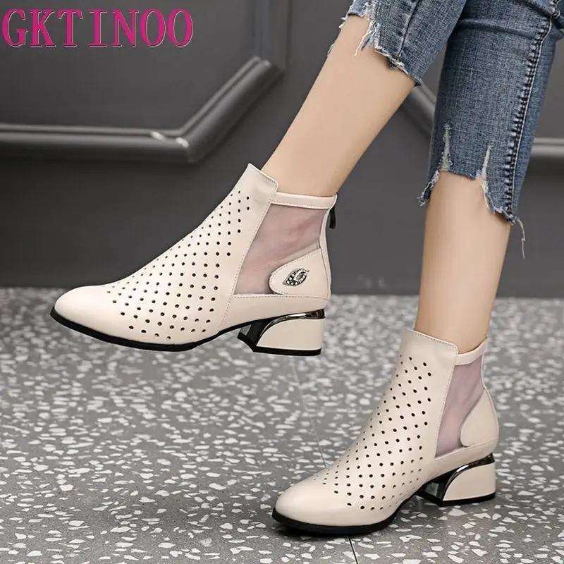 GKTINOO Fashion Sandals Mesh Genuine Leather Shoes Woman High Heel Sandals 2024 New Breathable Cool Boots Summer Women Sandals