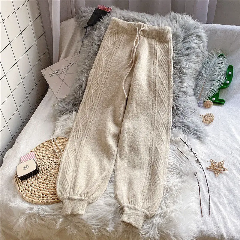 

2021 Women's Wide Leg Pants Autumn Knitted Harem Pants Tied Feet Long Woolen Underwear Trousers Loose High Waist Slimming