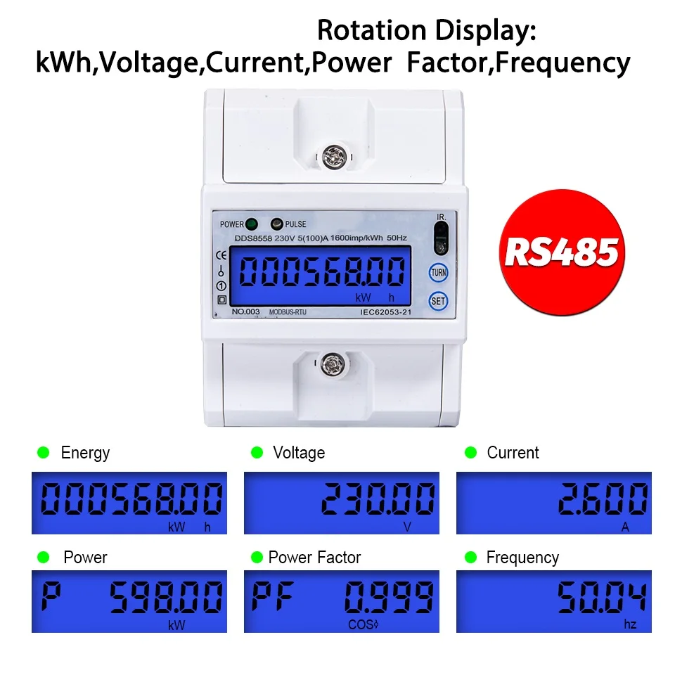 

RS485 однофазный измеритель Modbus-Rtu kWh AC 5(100)A 230V Электрический измеритель расхода энергии монитор Подсветка DIN рейка