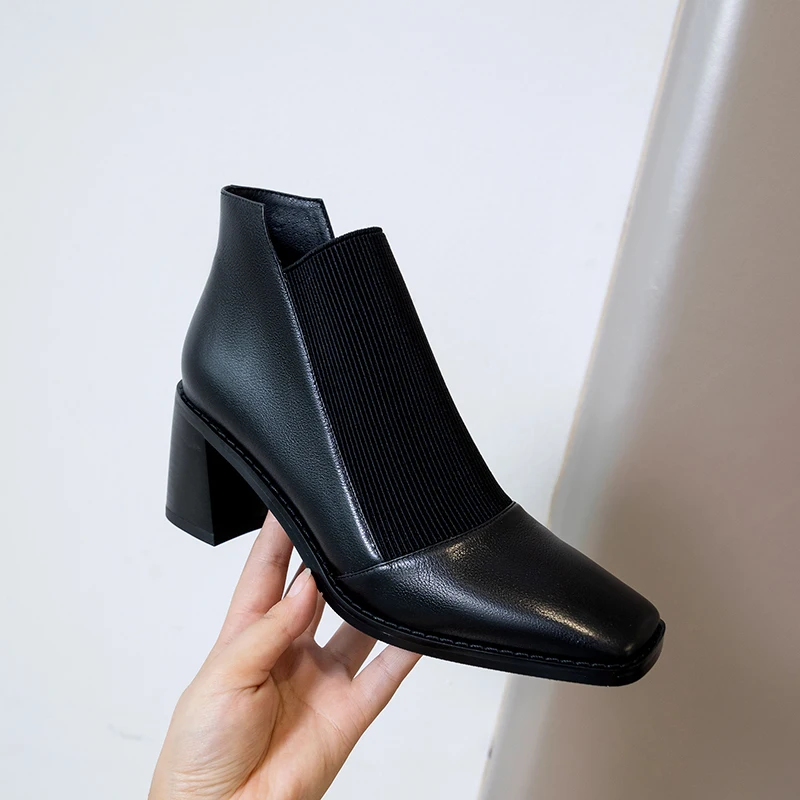 Fashion Comfortable Genuine Leather Women's Ankle Boots Elegant Square Toe Thick Heels Pumps Party Casual Shoes Woman 2020 New