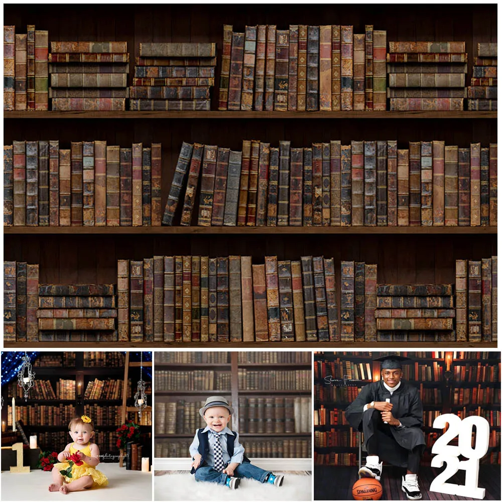 Library Theme Backdrop ChildKids Portraits Photography Background Vintage Bookshelf Graduate Photocall Photo Props Studio Booth