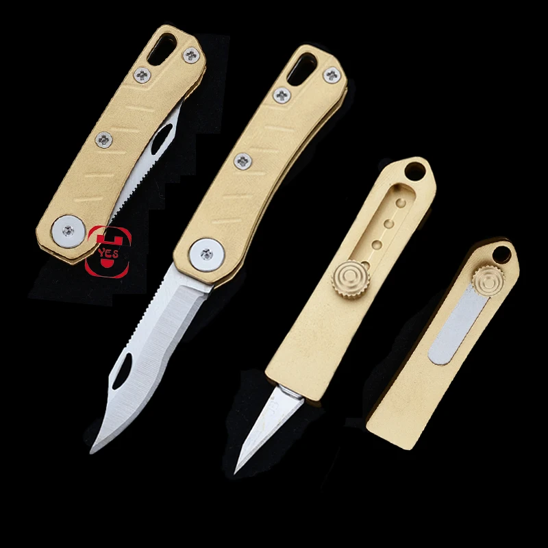 Pure Copper Folding Multifunction Portable Mini Knife Outdoor Self-defense Tools  Pocket Key Ring Open Express Push Knife