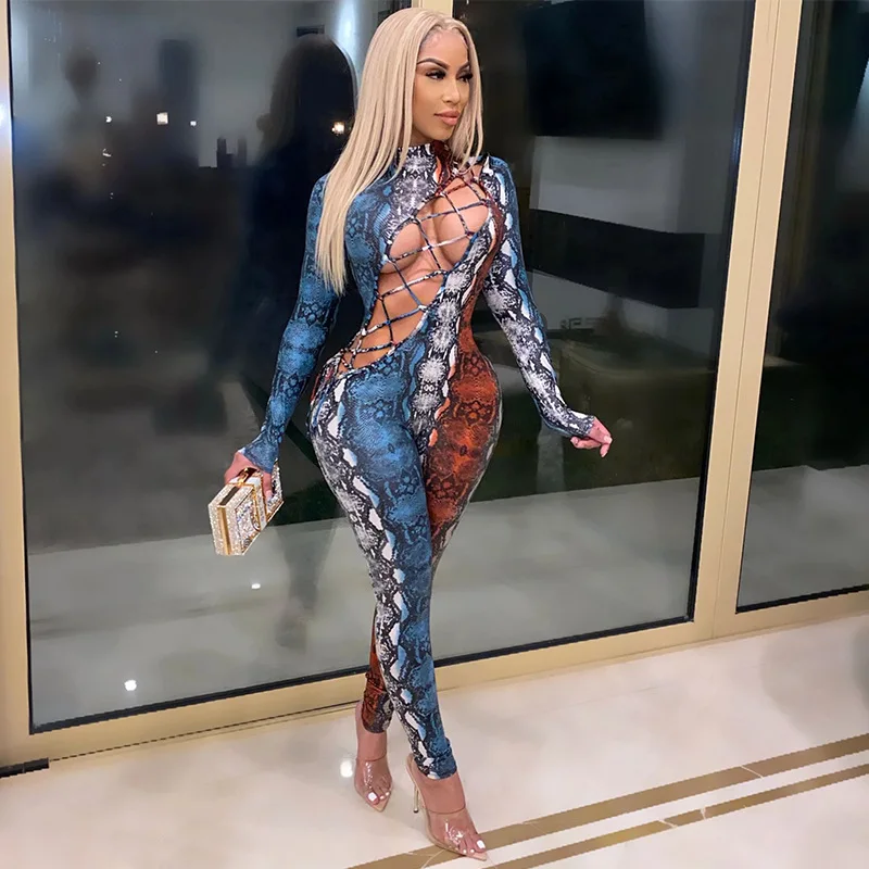 

BKLD 1 Piece Jumpsuit Long Sleeve Women Snakeskin Printed Sexy Bandage Hollow Out Jumpsuit Nightclub Women Clothing 2020 New