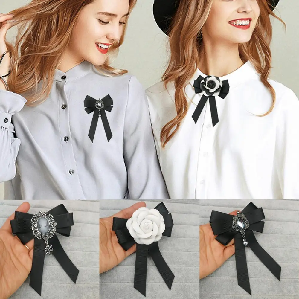 Black Bowtie Ribbon Bow Brooch Collar Necktie Accessories Fashion Camellia Flower Brooches for Women Cloth Art Dresses Accessory