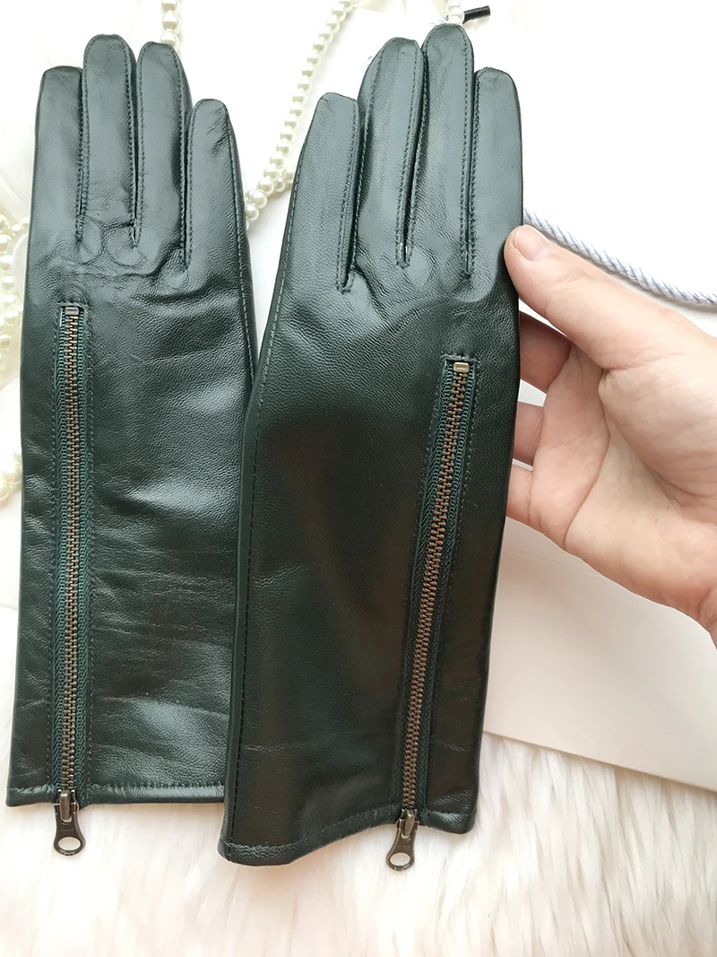 Gants courts à fermeture éclair pour femmes, 28cm, vert foncé, en peau de mouton, à la mode, pour conduire, garder au chaud en hiver, nouveau