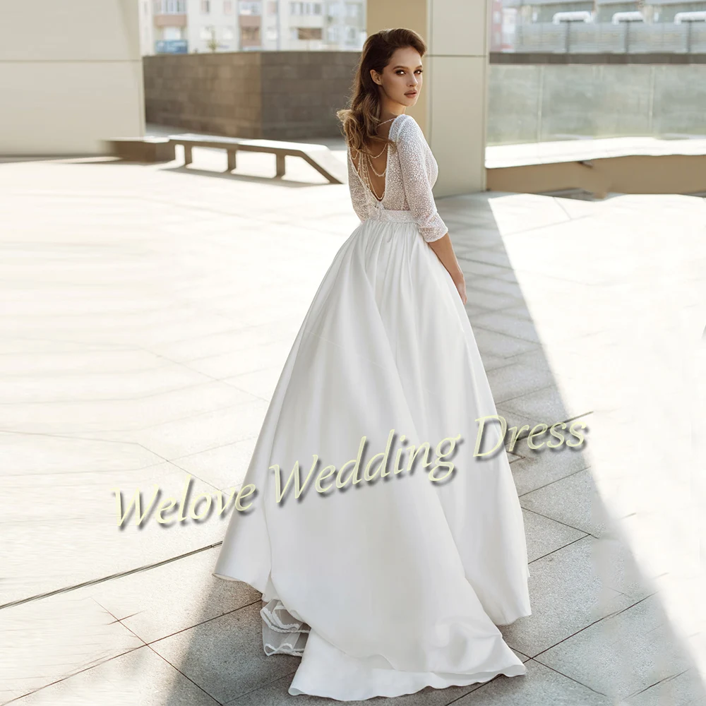 Elegancka satynowa błyszcząca suknia ślubna linia dekolt w serek z rękawami długość do podłogi dostosowana cekinowa suknia ślubna Vestidos De Novia