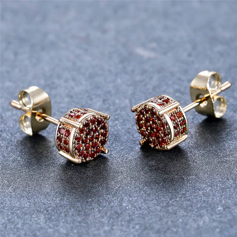 Luxury Crystal Hip Hop Round Earrings Red Zircon Small Stone Stud Earrings Vintage Gold Silver Color Wedding Earrings For Women