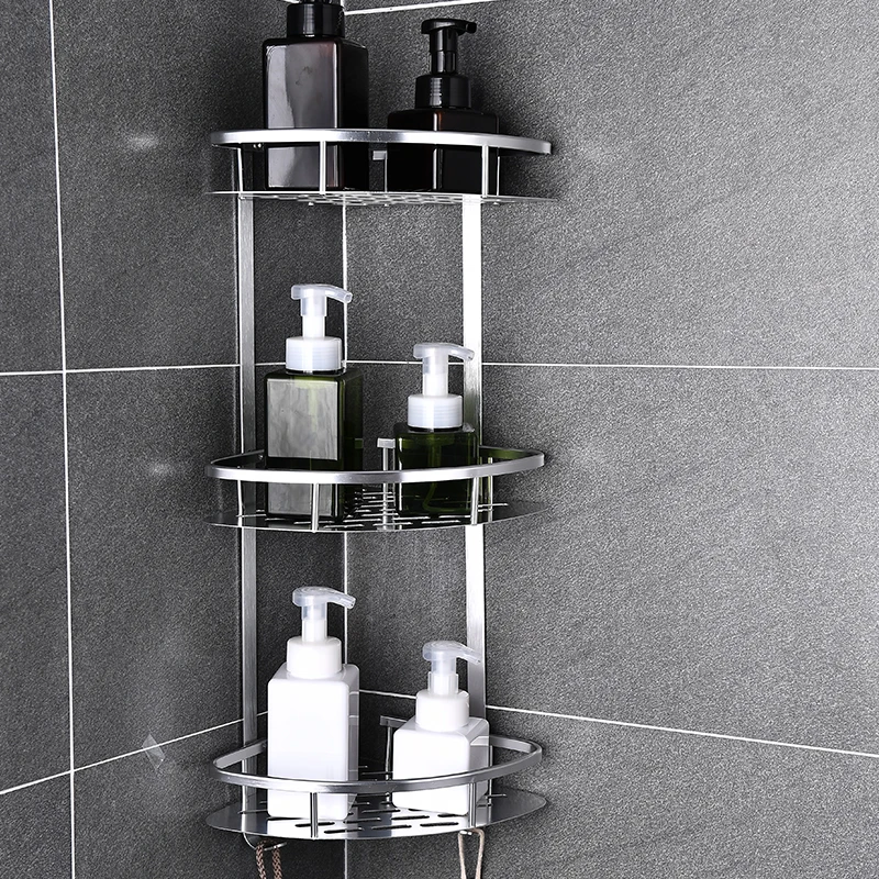 Space Aluminum Bathroom Shelf No Punching Shower Caddy Sheves Kitchen Storage Basket Adhesive Suction Corner Shelves Shower 2021