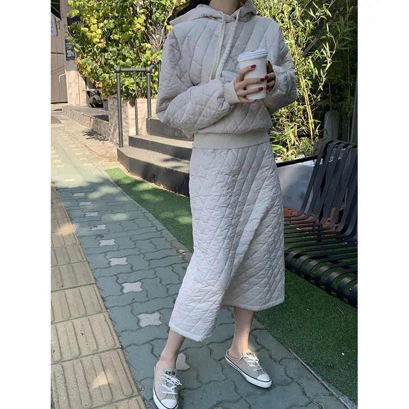 2023 Winter Fashion Rhombus Hooded Good Quality Dress Suit High Waist A-line Skirt Thickened Warm Cotton Two-piece Suit