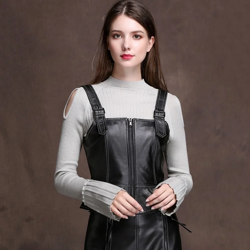 Women Fashion Sheepskin Genuine Leather Vest Straps Ruffles Tops Casual Ladies Slim Outwear Waistcoat Sleeveless Vests Outfits