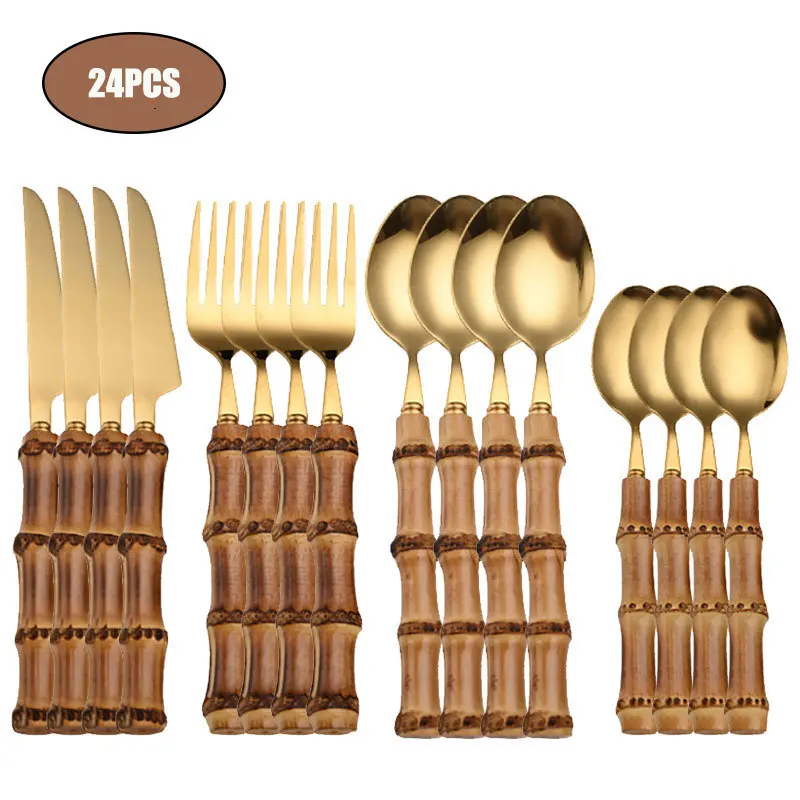 

16/24PCS Stainless Steel Dinnerware Cutlery Set Bamboo handle Knives Dessert Spoon Cutlery stainless Steel Flatware Set Silver