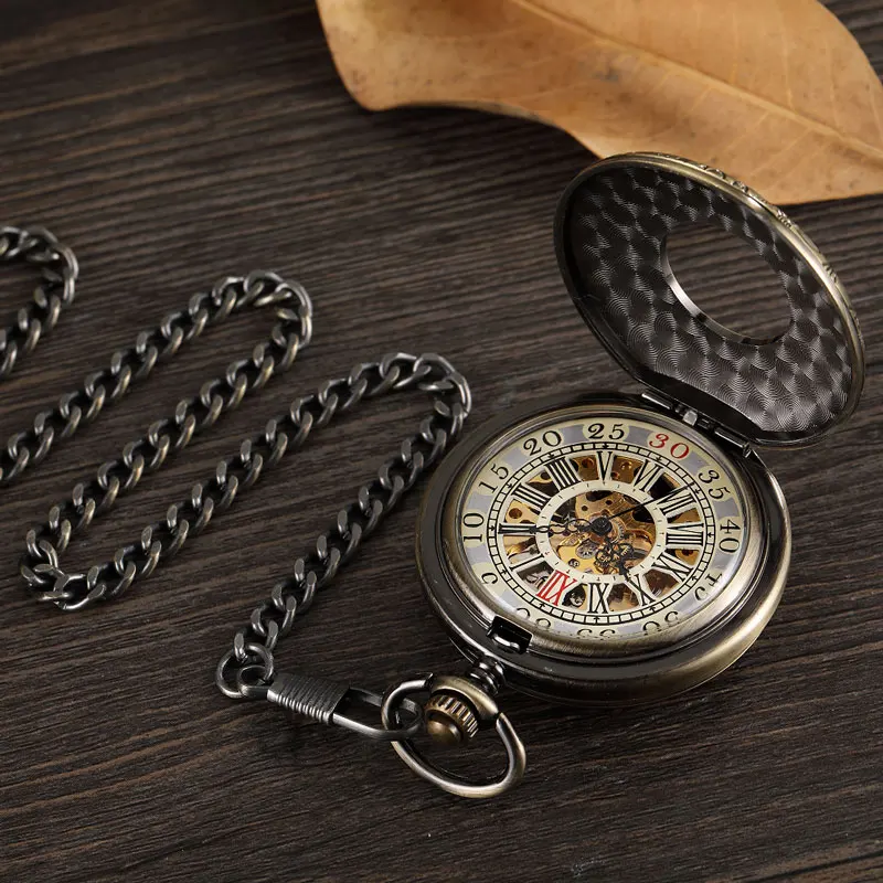 Double Sided  Mechanical Pocket Watch Men Hollow Steampunk Skeleton Hand Wind Vintage Pocket & Fob Watch Male Clock Waist Chain