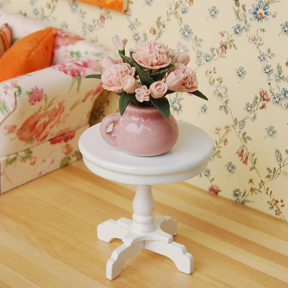 1/12 Dollhosue Miniature Accessories Round Table And Potted Flower Living Room Decoration