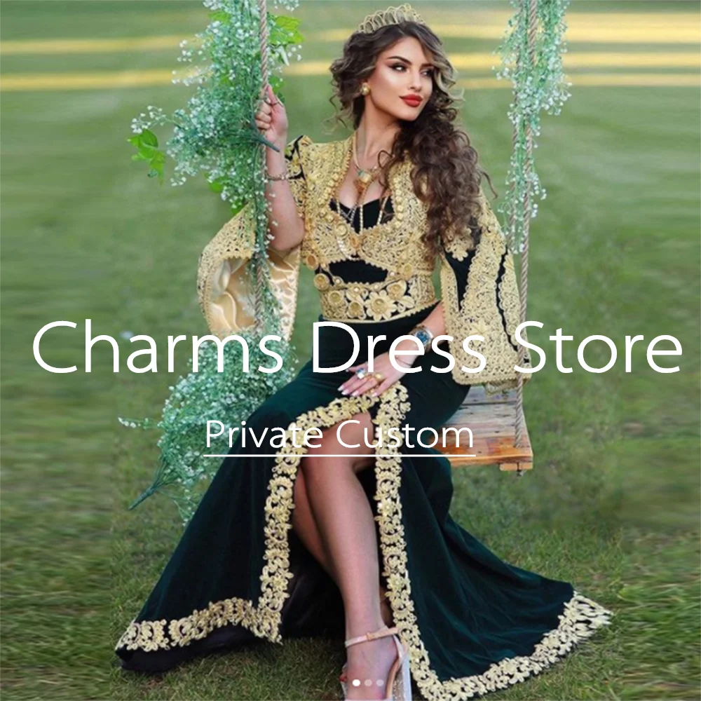 Dark Green Velour Moroccan Kaftan Evening Dresses Golden Appliques Long Formal Prom Dress Dubai Party Gowns 2023