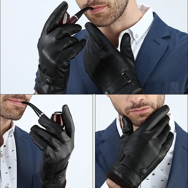 Winter Men\'s Leather Gloves Touch Screen Windproof Keep Warm Driving Guantes Male Autumn and Winter Leather Gloves Black