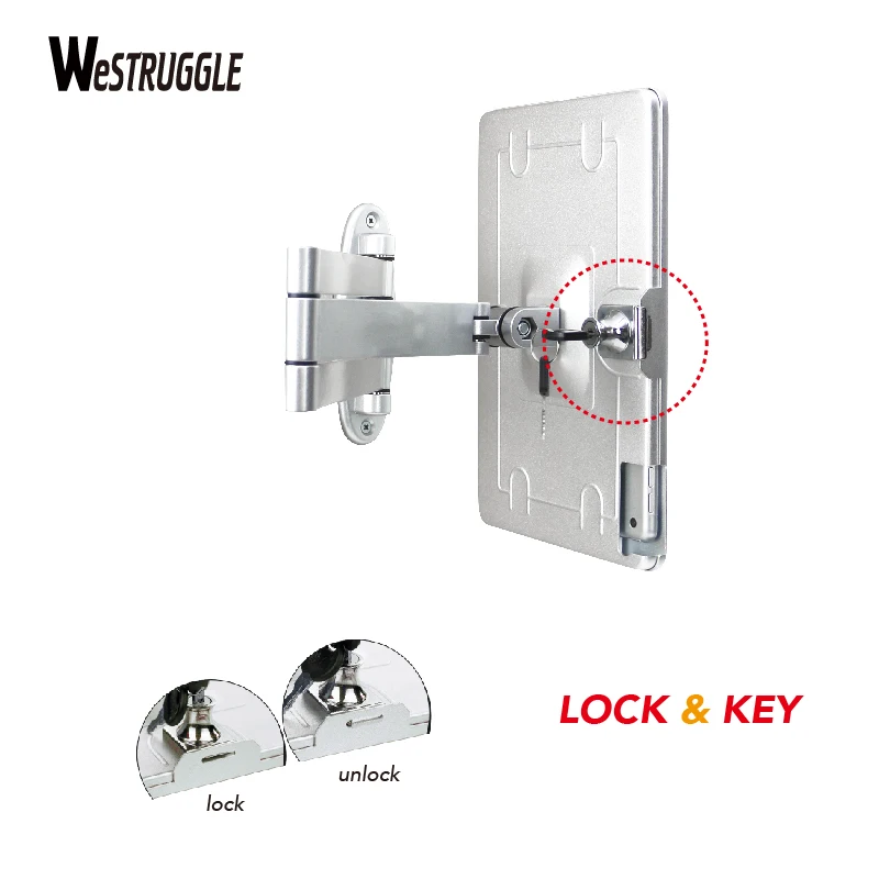 Suporte de parede para tablet com dobra para iPad de 10,2 polegadas (9a,8a,7a geração.), Estender braço giratório ajustável com trava e chave, Multi,