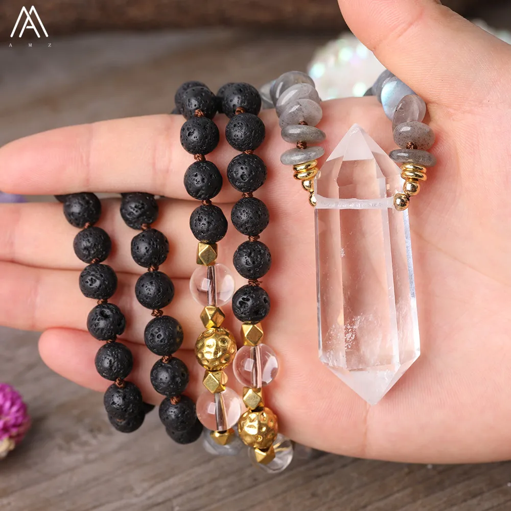 Natural White Quartz Double Point Pendant Labradorite Chip Beads 8mm Black Lava Stone Round Beads Knotted Handmade Necklace