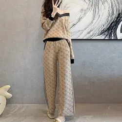 Pullover Suits Women Casual All-match Sets 2024 Springautumn New Letter V-neck Blouse And Wide Leg Pants Fashion Two-piece Set