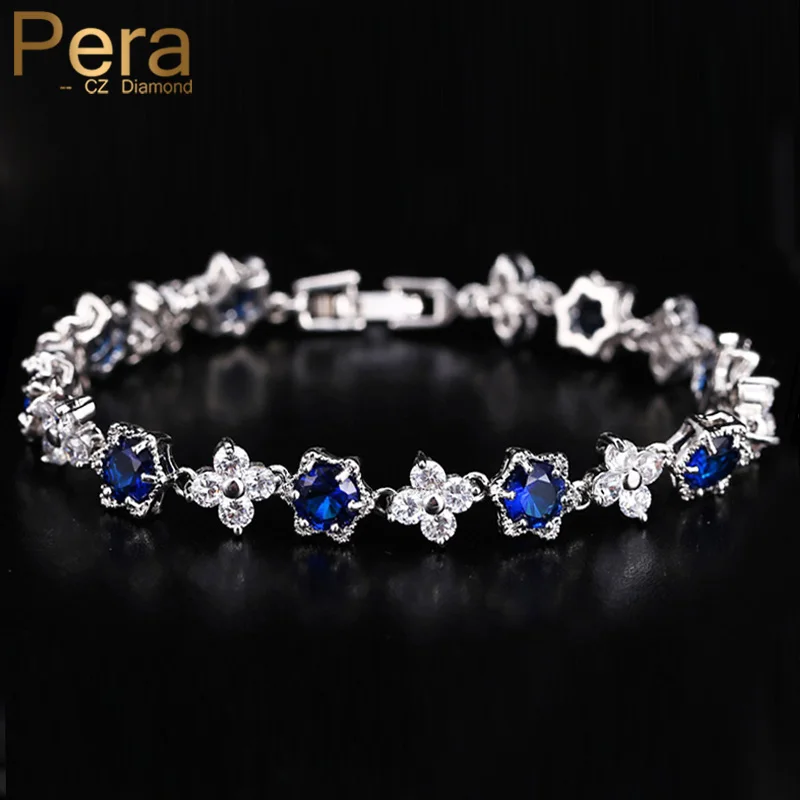 Pera Luxury White Gold Color Cluster Flower Shape Royal Blue and White CZ Zircon Stone Bracelets Party Jewelry for Women B018