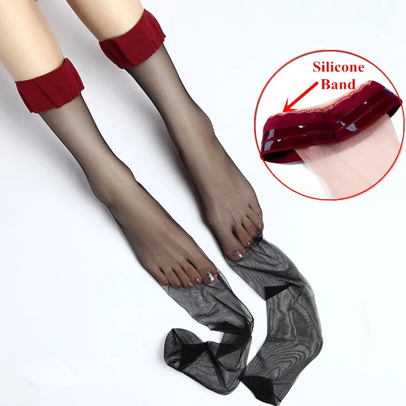 Non-slip Silicone Stockings Women\'s Retro Wide Rib Top Over Knee Socks Pole Dance Nylon Pantyhose Sexy Lingerie Female Stockings