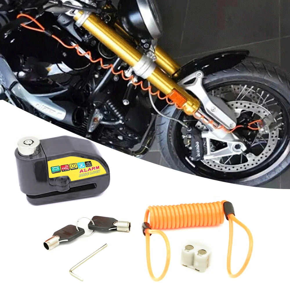 Anti-Theft With 110dB Alarm Motorcycle Alarm Disc Brake Lock Wheel Padlock with Cable and Bag for Motorcycles Bicycles Scooter