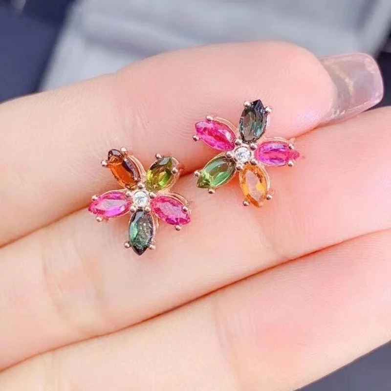 Designer Original New Flower Shaped Tourmaline Earrings Elegant and Luxurious Women's Silver Jewelry