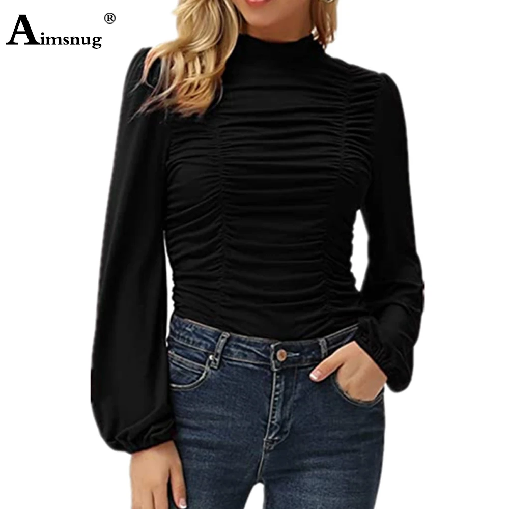 Manga longa feminina elegante moda shirring camiseta oversize roupas superiores femininas 2021 outono magro ruched camisetas camisa de gola alta
