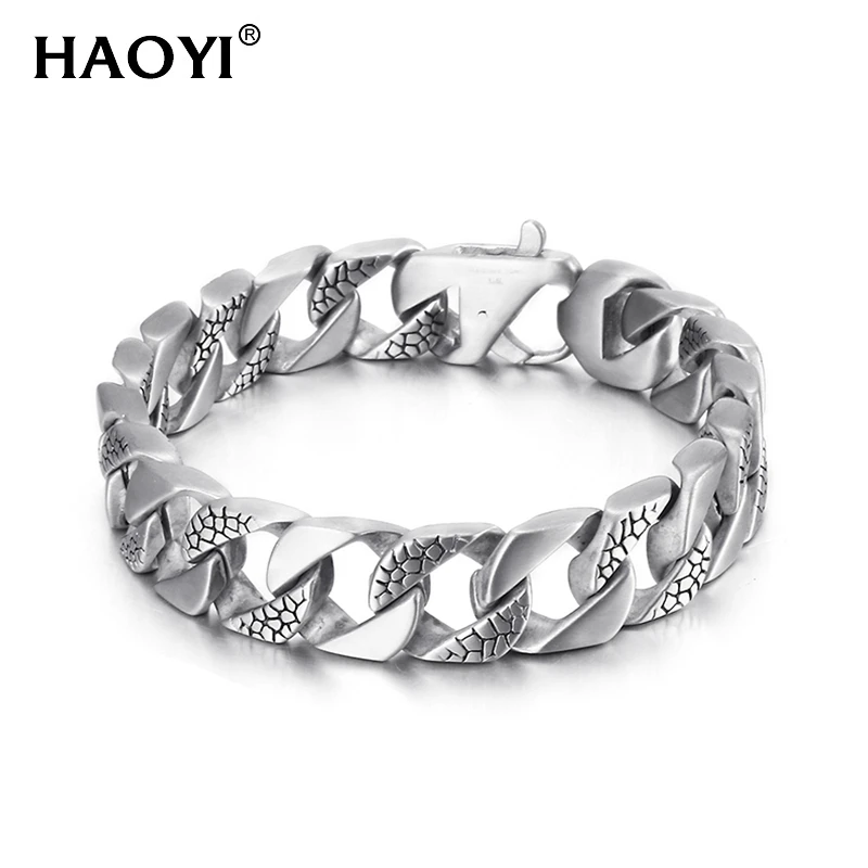 15mm Wide Men's Bracelet Simple Fashion Cuban Style Personality Design Metal Stainless Steel Snakeskin Pattern Bracelet Jewelry