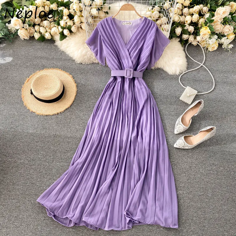 Neploe Slim Fit Long Chiffon Pleated Women Dresses Candy Color Elegant V-neck Drawstring Vestidos New French Style Dress