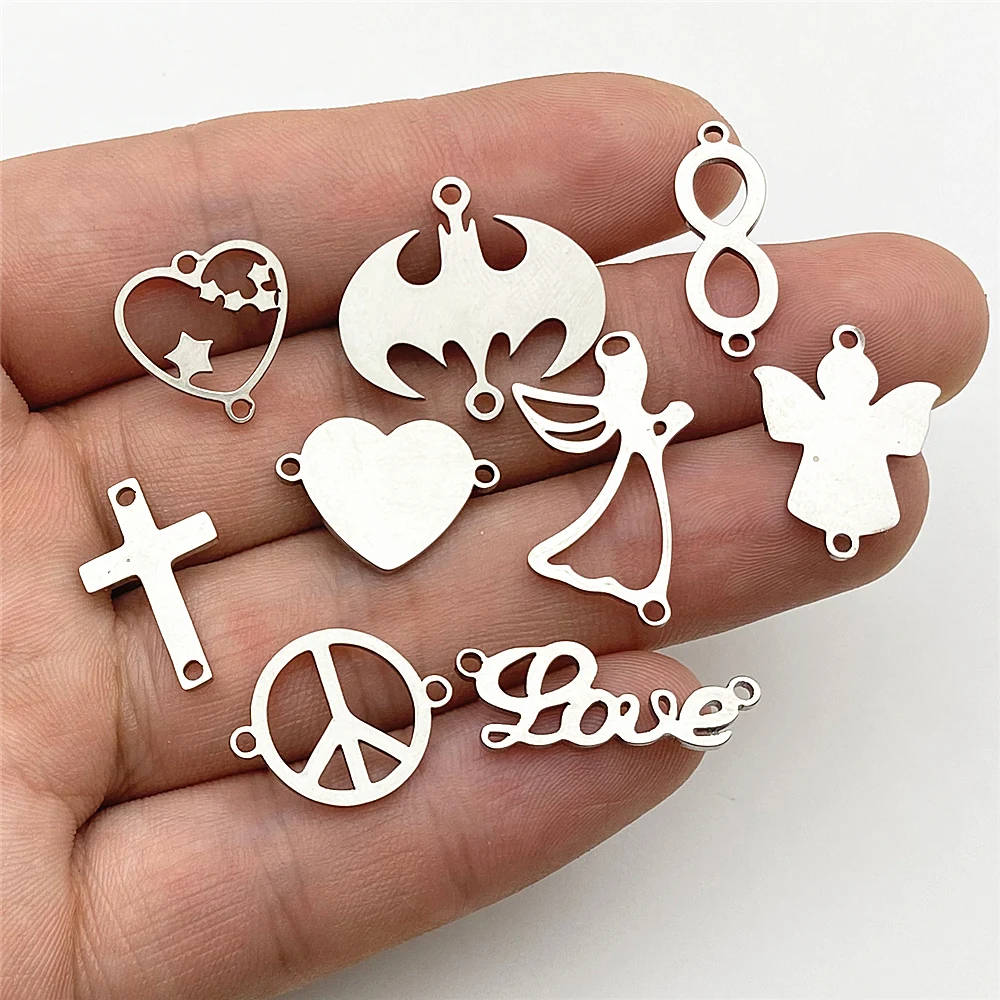Mixed love Charms Stainless Stell diy Findings love Gift Bracelet Connector Peach heart Cross Angel Diy Jewelry Make USE