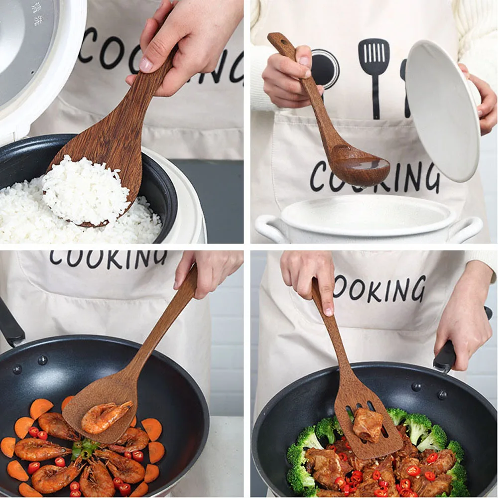 Wooden Kitchenware Long Handle Spatula Rice Scoop Vegetable Meat Cooking Shovel Mixing Spoons for Nonstick Pan Kitchen Tools