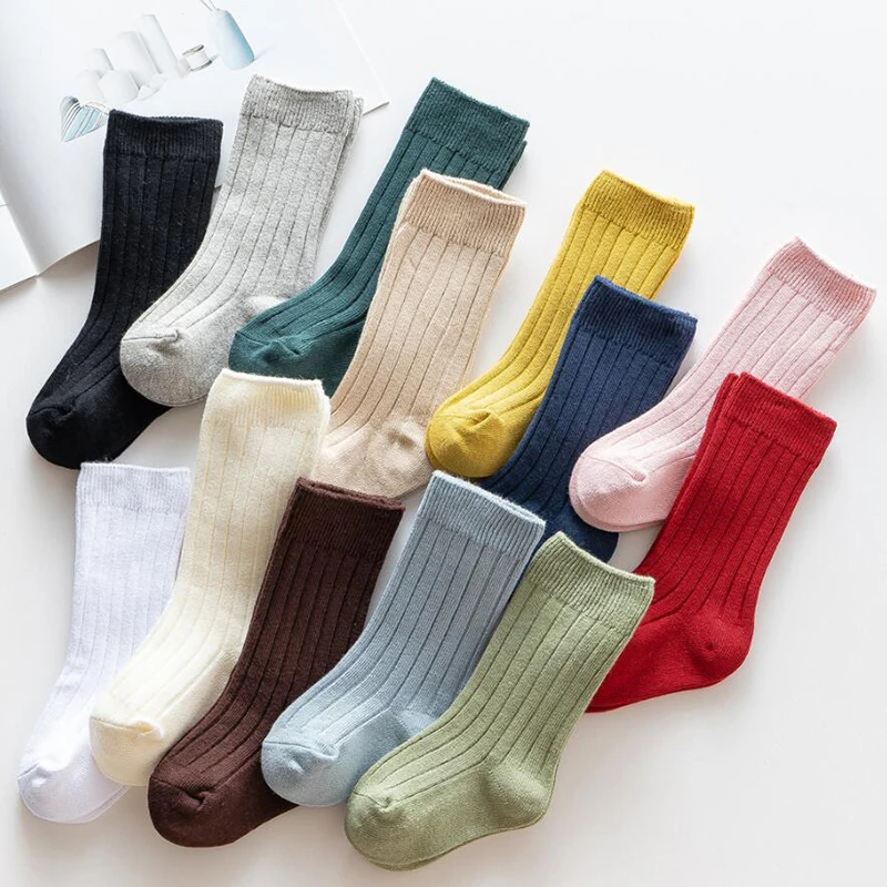 Calcetines de algodón acanalados hasta la rodilla para niños y niñas, calcetines largos de tubo, calentadores de piernas, 13 colores