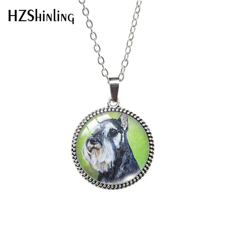 Pet White and Black Schnauzer Dogs Pattern Antique Necklace Glass Cabochon Dome Fashion Jewelry