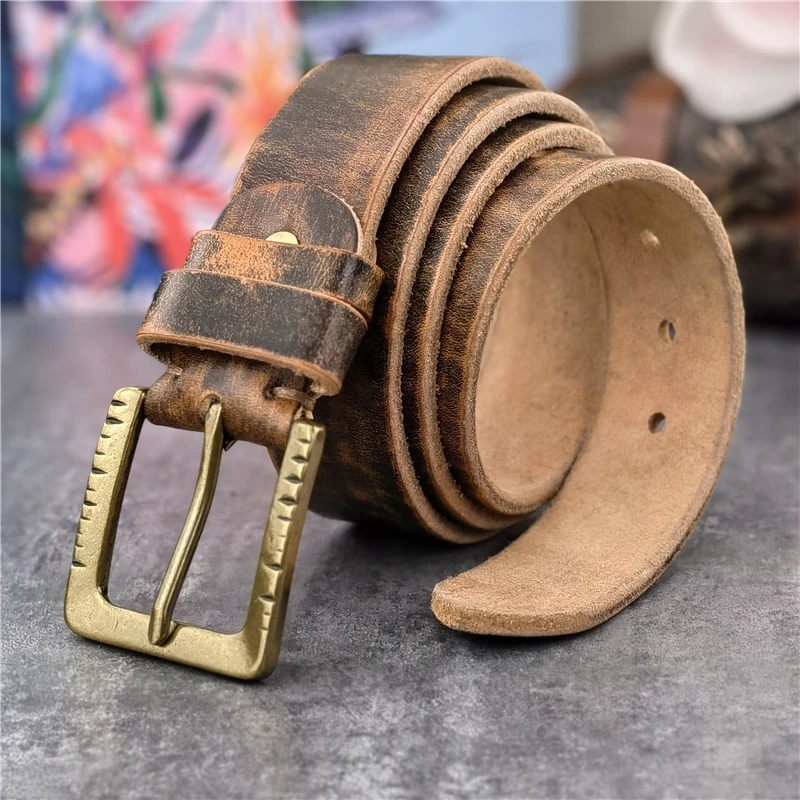 Retro Brass Belt Buckle Top Thick Genuine Leather Belts For Men Cowboy Jeans Long Men\'s Belt Ceinture Waist Belt Male MBT0542