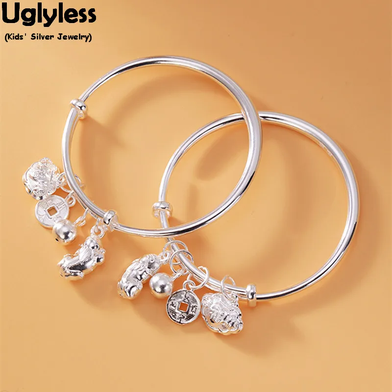 

Uglyless 1Pair 99% Pure Silver Charms Bracelets for Children Birthday Gifts High-end Silver Jewelry Push-pull Animal Bangles