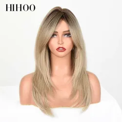 Pelucas sintéticas largas y rectas para mujer, pelo rubio claro, Marrón degradado, onda Natural con flequillo, Cosplay, resistente al calor