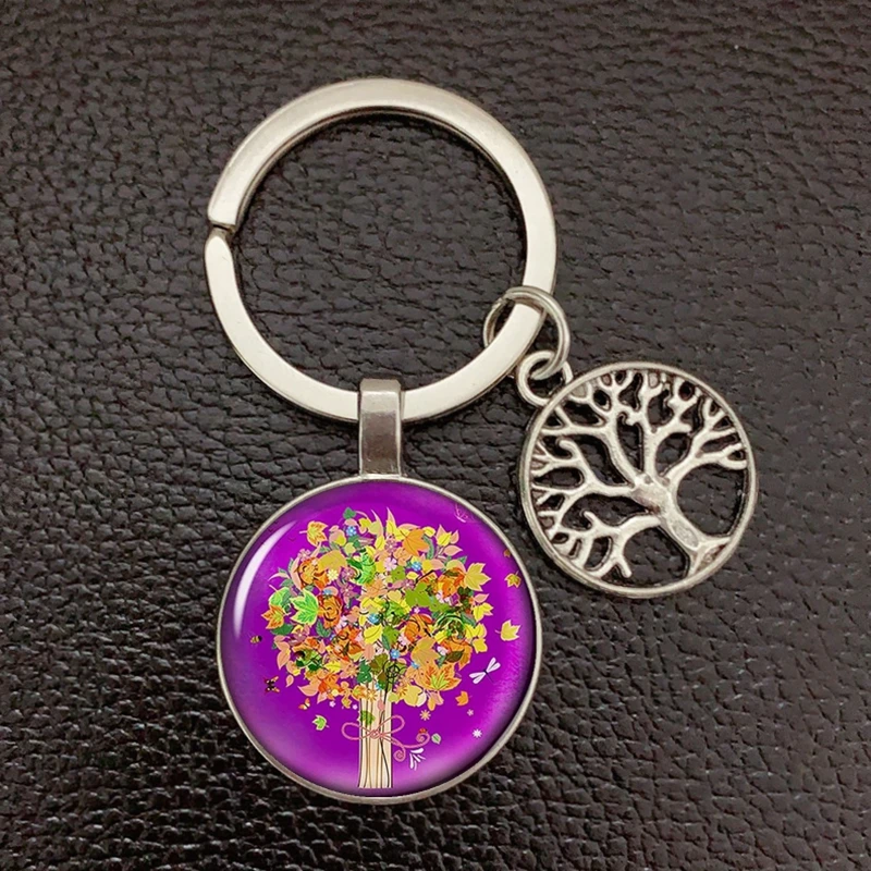 New Keychain Bird and Tree of Life Glass Convex Metal Key Ring Jewelry Daughter\'s Birthday Gift for Tree of Life