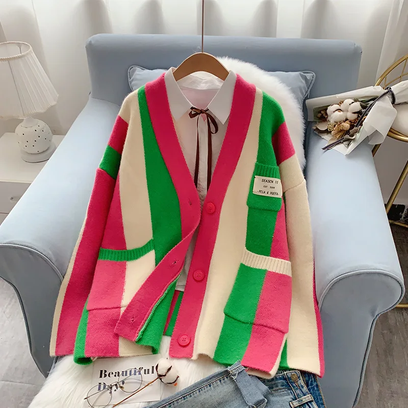 Korean Girls Sweaters Autumn Sweater Colorful Striped Cardigan Women\'s Single Breasted V-neck Knitwear Cozy Loose Cardigans