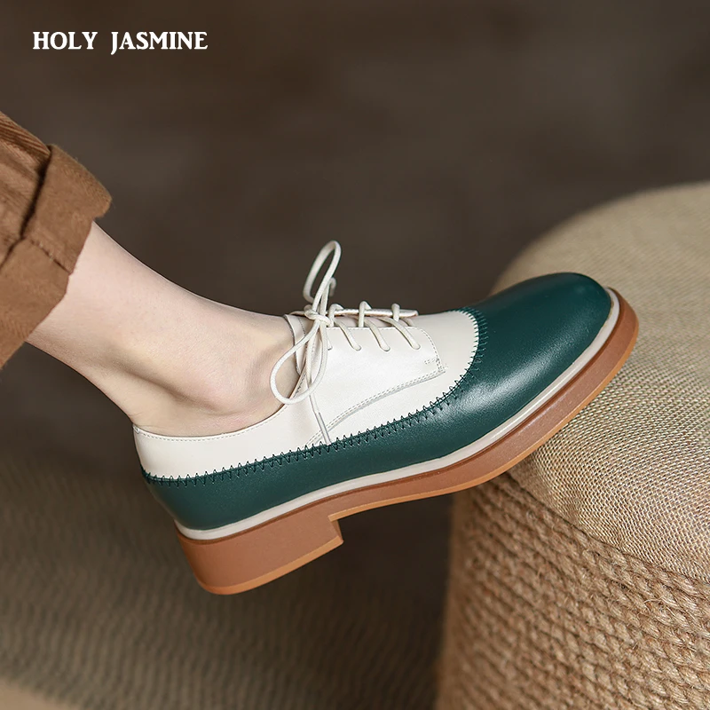 2022 Lace Up Single Shoes Women Platform Shoes Mixed Color Spring Autumn Casual Shoes Women Genuine Leather Shoes Women Shoes