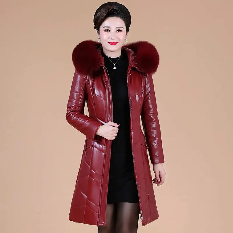 2022 New Winter Pu leather Parka Women Down Cotton Jacket Fur Collar Coat Female Thicken Warm Mid Long OuterwearR1674[blackl]