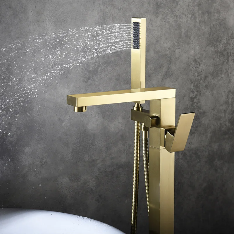 Tuqiu Bathroom Bathtub Faucet + Handheld Shower Free Standing Brushed Gold Luxury BathTub Mixer Taps Floor Mounted