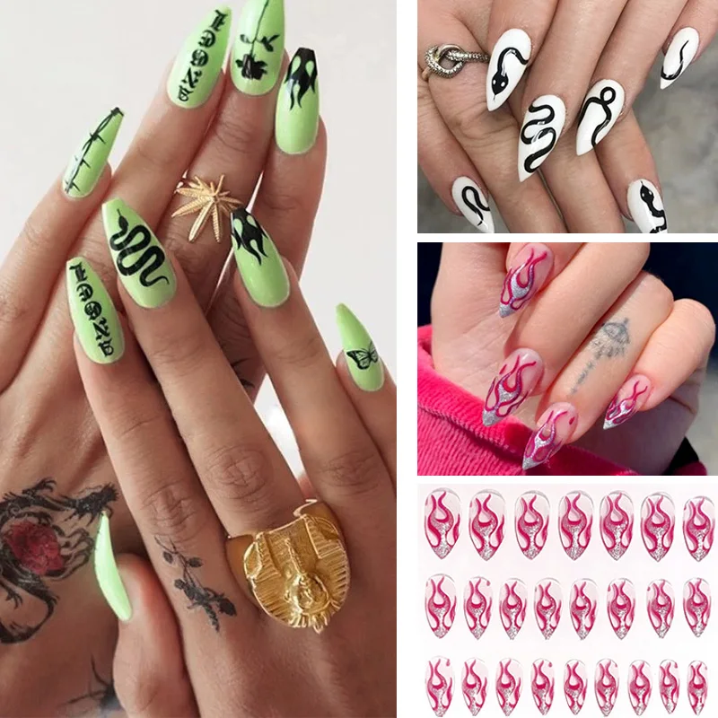 Nail Art Fake Nails Stiletto Tips Clear Press on Long False with Glue Coffin Stick Display Full Cover Artificial Designs Nails