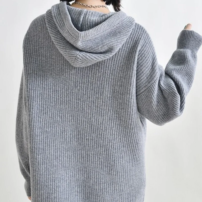 

New Autumn Hooded Knitting Tops Women Loose Fit Wool Thick Long Sleeve Sweaters Leisure Solid Gray Pullover Sweater Female