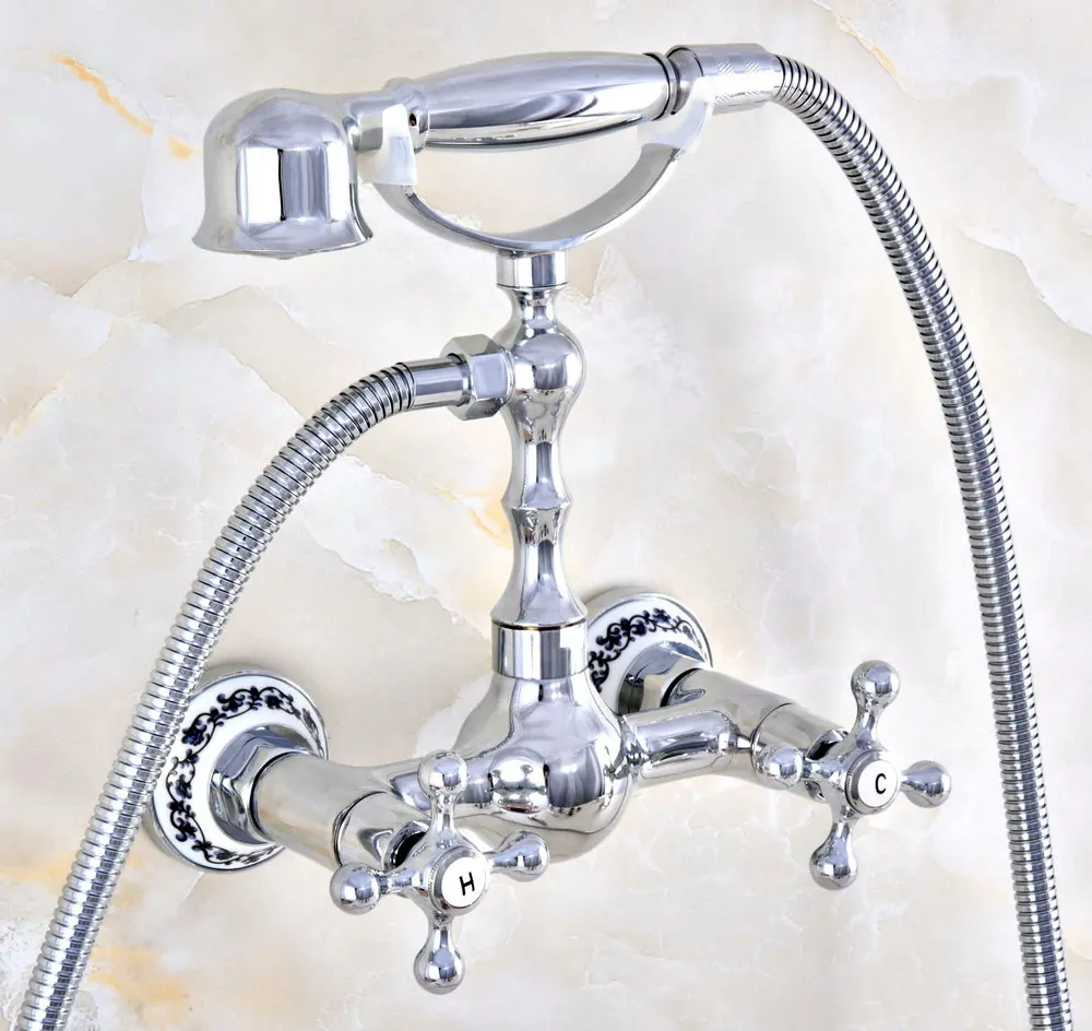 

Modern Silver Chrome Brass Two Lever/Hole Wall Mount Bathtub Faucet with Handheld Shower Set +1500MM Hose Mixer Tap 2tf824