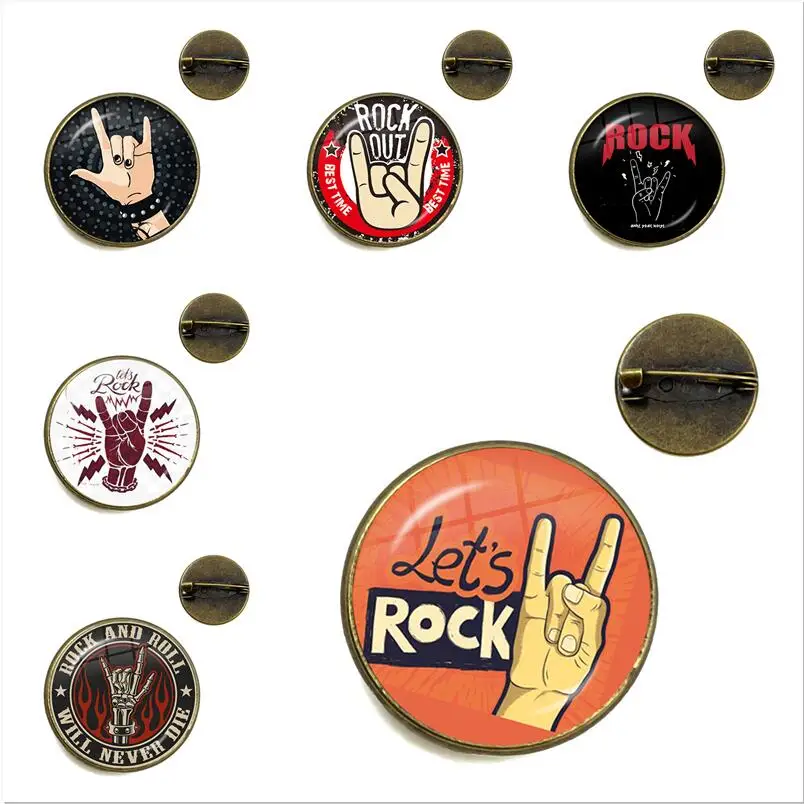 Rock Band Cool Gesture Badges Harajuku Style Hip Hop Rock Hand Printed Glass Dome Brooch Rockin'Rock Denim Jackets Decor Gift