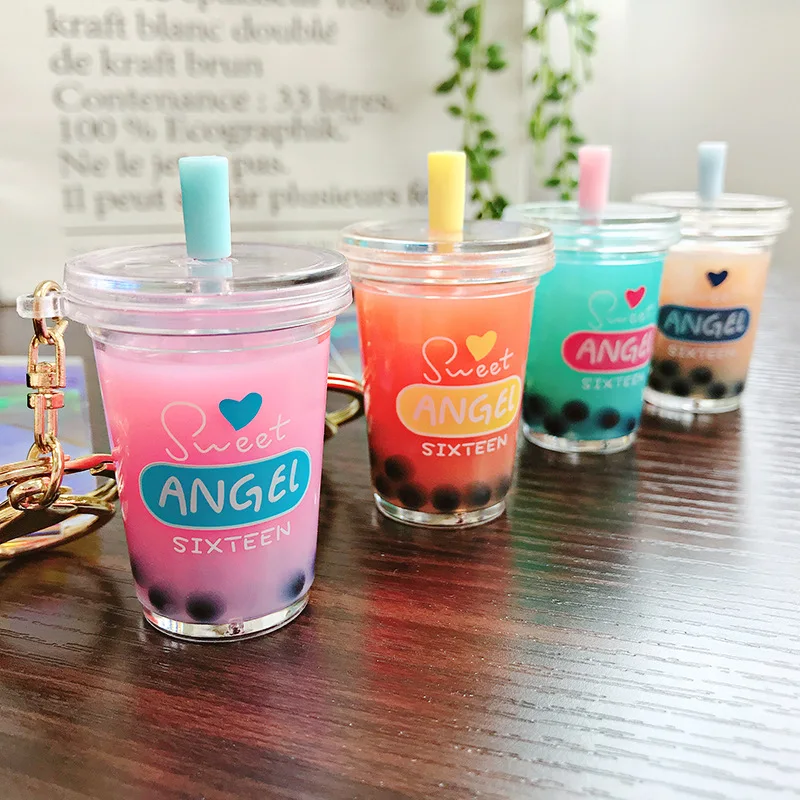 Creative Mini Soft Drink Keychain Milk Tea Beverage Bubble Tea Keyring Moving Liquid oil Drop Decompression Keyfob Jewelry Gift