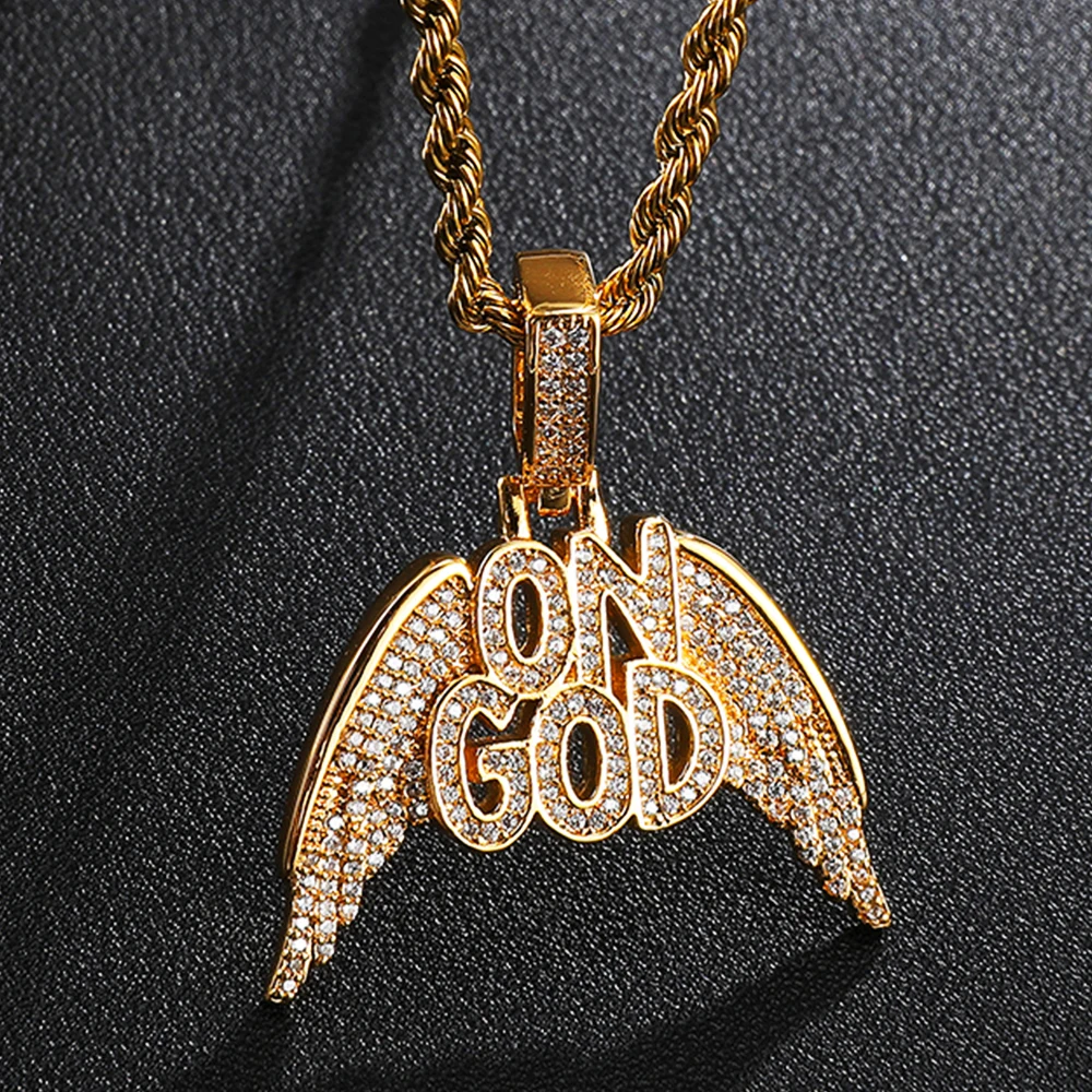 D&Z On God With Wing Pendant Iced Out Bling CZ Stones  Micro Paved AAA CZ Hip Hop Gold Silver Color Charm Chains Jewelry Gift