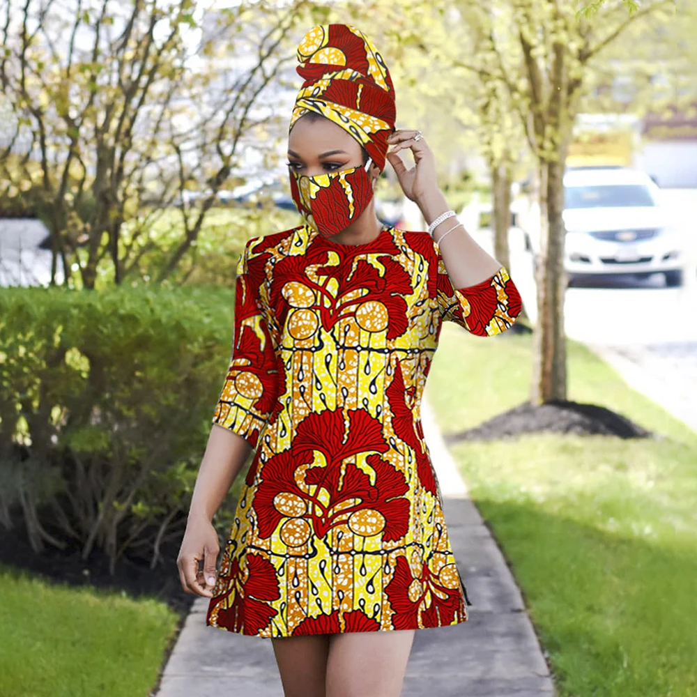 2024 African Wax Print Dress Outfit For Women Dashiki Top Shirts+Headwrap+mask Headband Traditional Party Dress Plus Size