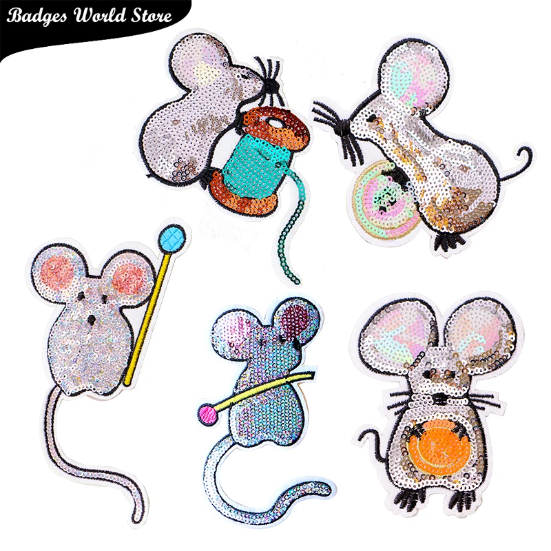 

Fashion Cartoon patch Cute mouse Sequins icon Embroidered Applique Patches For kawaii clothes DIY Iron on Badges on a backpack