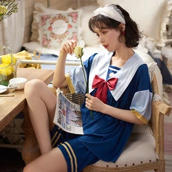 Women's Home Clothes Blue Print Customized Pajamas With Shorts Cartoon Bow Sleepwear Loose Thin Sleep Sets Outfits Summer